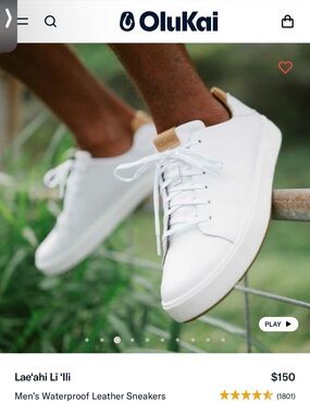 Men Size 10 Olukai Lae’ahi Li ‘Ili Waterproof Leather Sneakers White New In Box